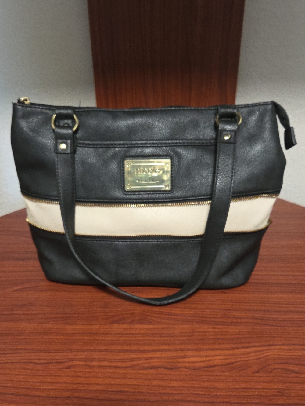 Nicole Miller Black and Cream Shoulder Tote